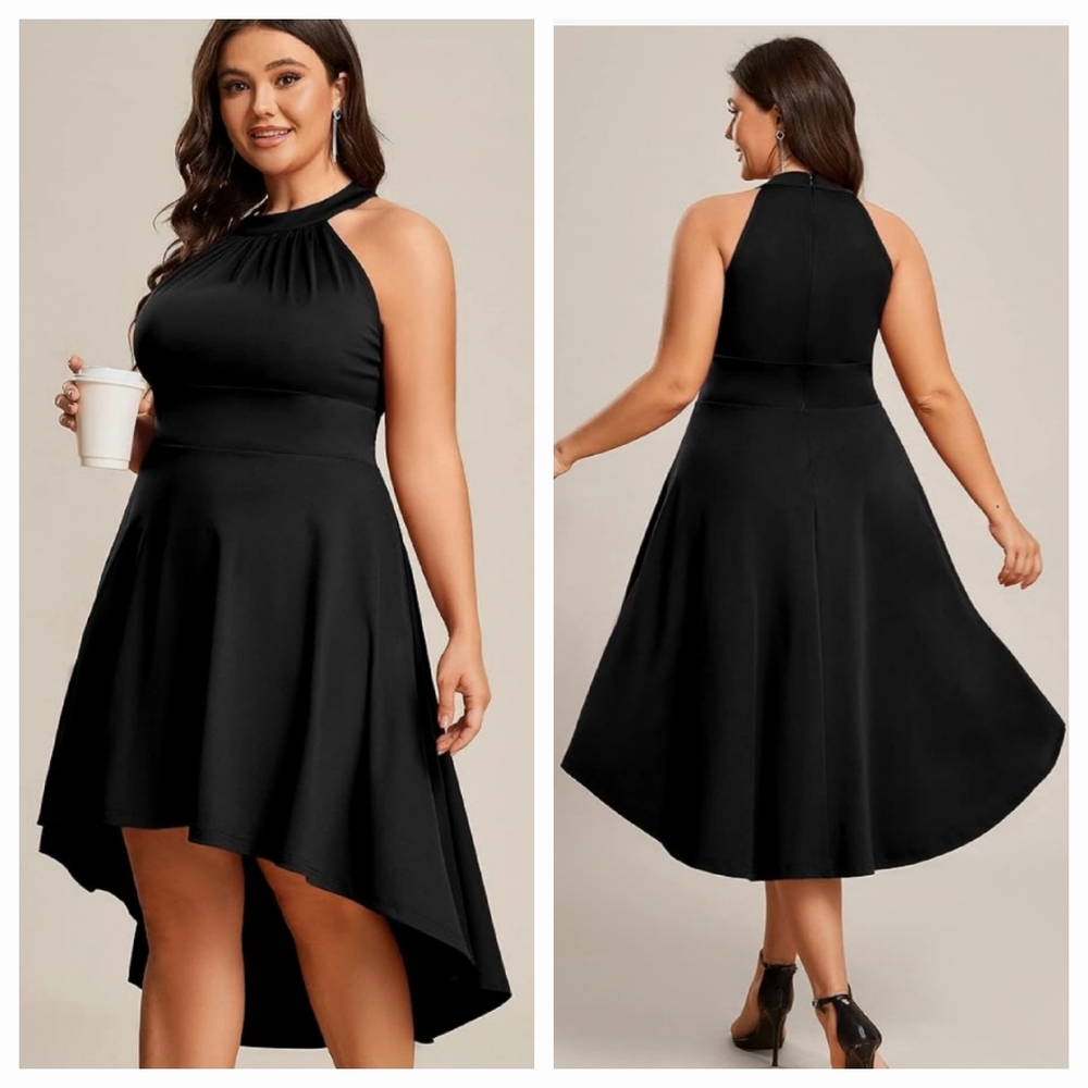 Halter Neck Sleeveless High Low Black Cocktail Dress Sz 4X